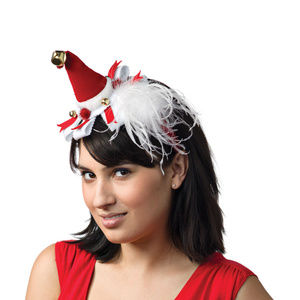 Red Santa Hat with Feathers and Bells Headband NEW